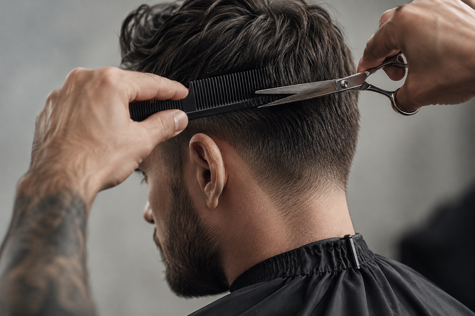 Illustrative editorial image of a precise scissor-over-comb haircut