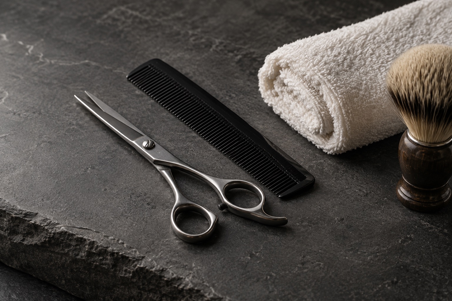 Illustrative still life of steel barber tools, a shaving brush, and an ivory towel
