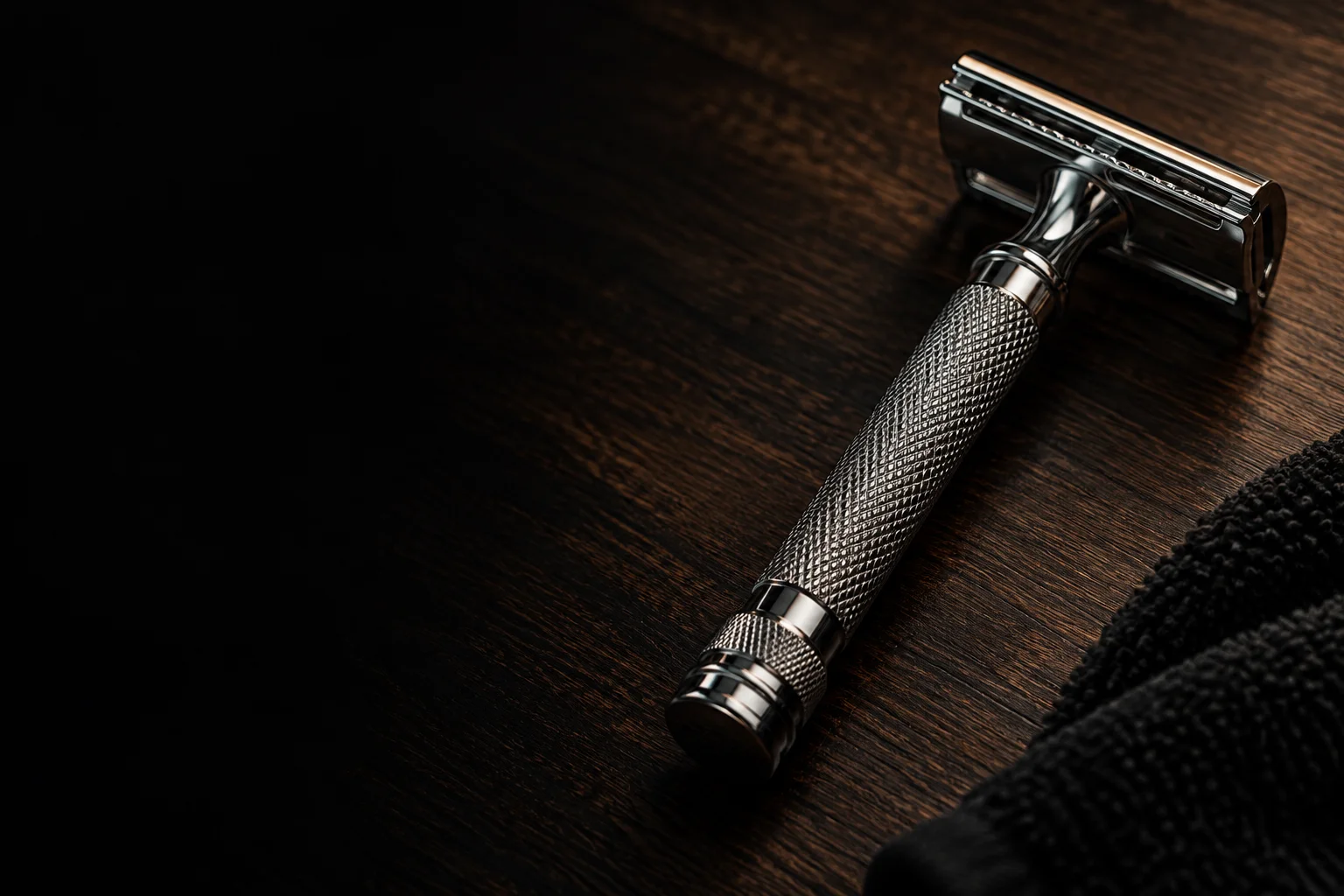 Chrome safety razor on dark walnut: a grooming still life